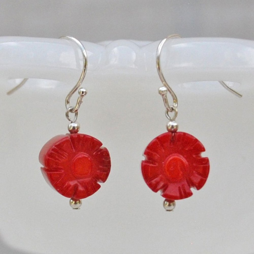 Red Carved Coral Flower Earrings Dainty Drop Dangle Handmade OOAK Minima…